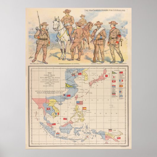 Vintage South Pacific Spanish American War Map ポスター (正面)