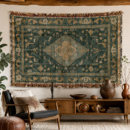 Vintage Southwestern Floral Kilim Sage Green Boho スローブランケット