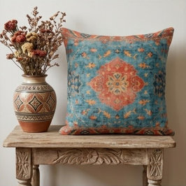 Vintage Southwestern Kilim Rug – Blue & Terracotta クッション
