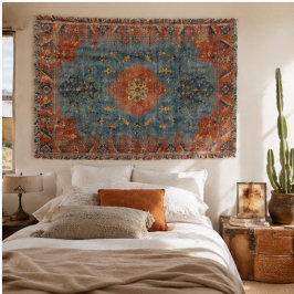 Vintage Southwestern Kilim Rug – Blue & Terracotta スローブランケット