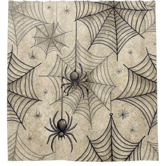 Vintage Spiders and Webs Halloween Pattern シャワーカーテン (正面)