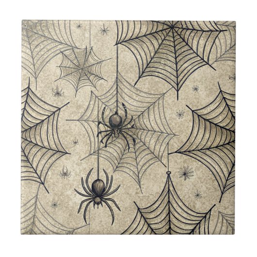 Vintage Spiders and Webs Halloween Pattern タイル (正面)