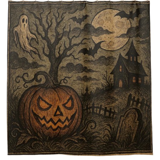 Vintage, spooky Halloween pumpkin/ghost シャワーカーテン (正面)