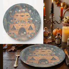 Vintage Spooky Season Pumpkin House Halloween ペーパープレート
