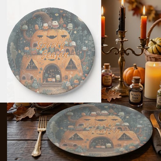 Vintage Spooky Season Pumpkin House Halloween ペーパープレート