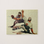 Vintage Sports Baseball, Player Sliding into Home ジグソーパズル<br><div class="desc">Vintage illustration sports baseball design featuring a runner sliding safely into home plate during a game as the catcher is catching the ball. Number 8 is safe on base!</div>