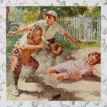 Vintage Sports, Children Play Stickball Baseball ジグソーパズル<br><div class="desc">Vintage illustration children image featuring boys and girls playing baseball in their backyard. One of the kids is sliding into home plate after hitting a home run; and she's safe! The catcher is waiting for another player to throw the ball while the umpire calls the play and the runner is...</div>