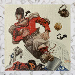 Vintage Sports Football Player and Bulldog Mascot ジグソーパズル<br><div class="desc">Vintage illustration sports football design featuring a player playing a game. The quarterback has the ball and is running past the team bulldog mascot and the initials HP to make a touchdown.</div>