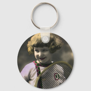 Vintage Sports, Happy Girl Holding a Tennis Racket キーホルダー