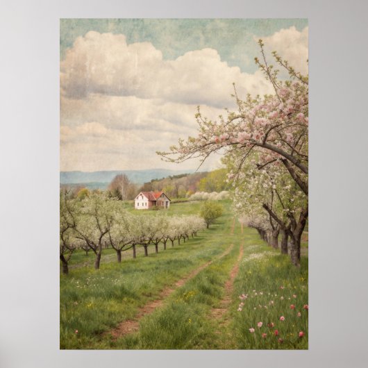 Vintage Spring Blossom Orchard Cottage Art ポスター (正面)