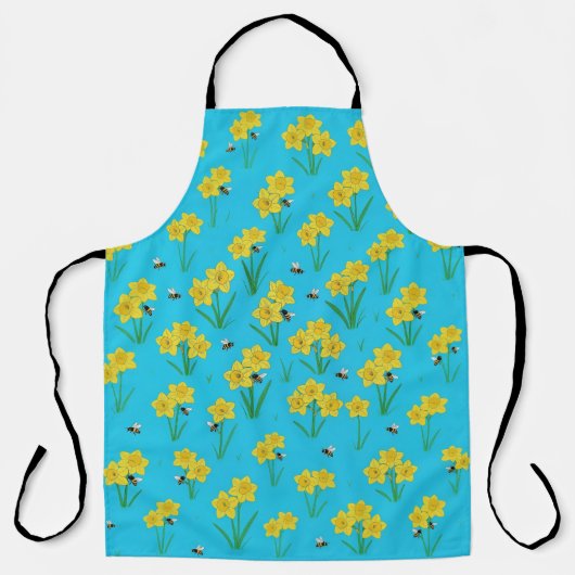 Vintage Spring Daffodils & Bumblebees Floral Apron エプロン (正面)
