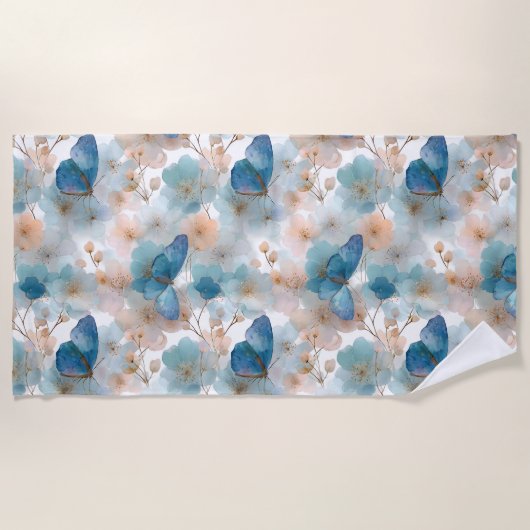 Vintage Spring Flowers & Blue Butterfly ビーチタオル (正面)