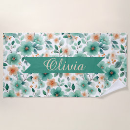 Vintage Spring Green Floral Personalized ビーチタオル