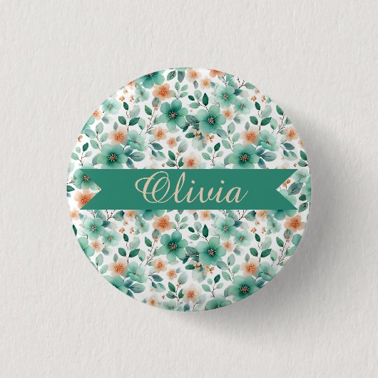 Vintage Spring Green Floral Personalized 缶バッジ (正面)