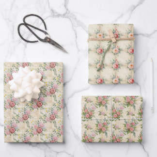 Vintage Spring Letter Floral Gift Wrap 3 Sheet Set ラッピングペーパーシート