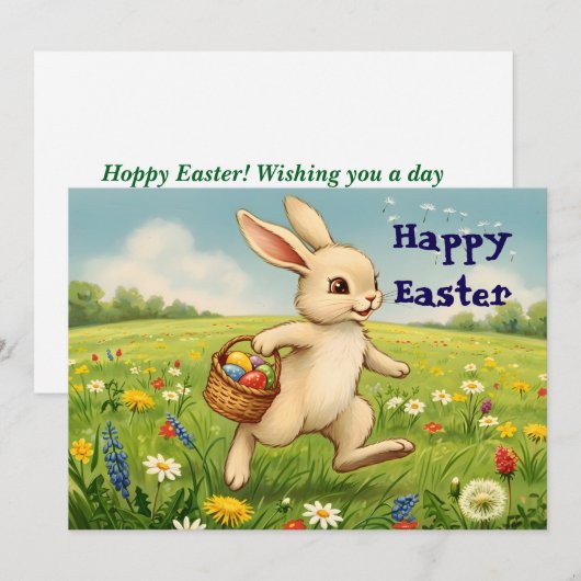 Vintage Spring Meadow Easter Bunny シーズンカード (正面/裏面)