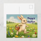 Vintage Spring Meadow Easter Bunny シーズンポストカード (正面/裏面)