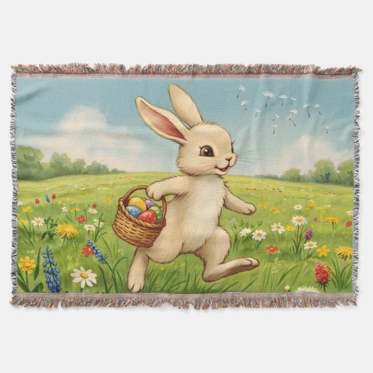 Vintage Spring Meadow Easter Bunny  スローブランケット (正面)