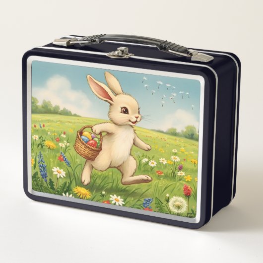 Vintage Spring Meadow Easter Bunny  メタルランチボックス (正面)