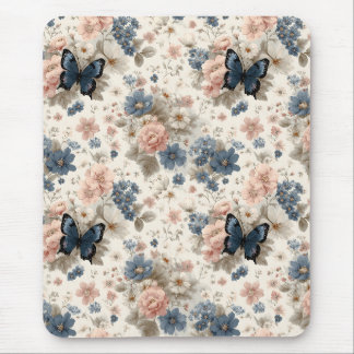 Vintage Spring Pink and Blue Florals & Butterfly マウスパッド