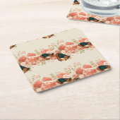 Vintage Spring Pink Flowers with Butterflies スクエアペーパーコースター (アングル)