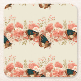 Vintage Spring Pink Flowers with Butterflies スクエアペーパーコースター