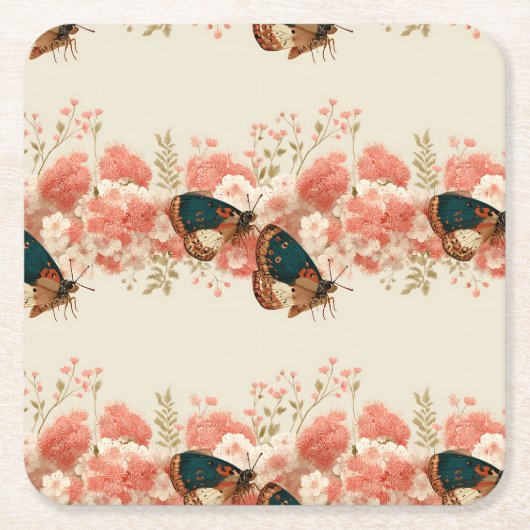 Vintage Spring Pink Flowers with Butterflies スクエアペーパーコースター (正面)