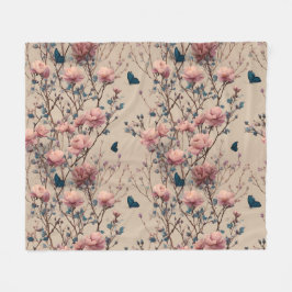 Vintage Spring Roses with Blue Butterflies フリースブランケット