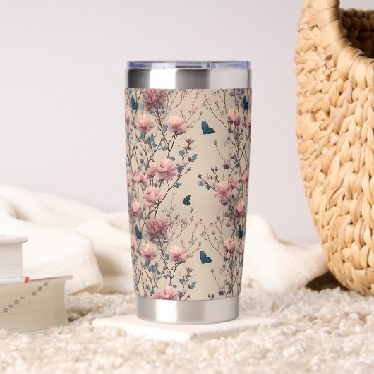 Vintage Spring Roses with Blue Butterflies 保温保冷タンブラー (リビング (回転後))