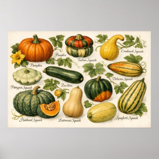 Vintage Squash Varieties Botanical Illustration  ポスター