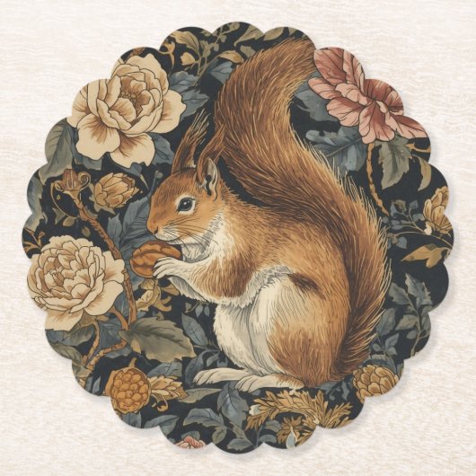 Vintage Squirrel and Flowers Pattern ペーパーコースター (正面)