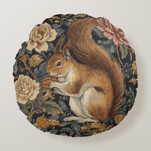 Vintage Squirrel and Flowers Pattern ラウンドクッション (正面)