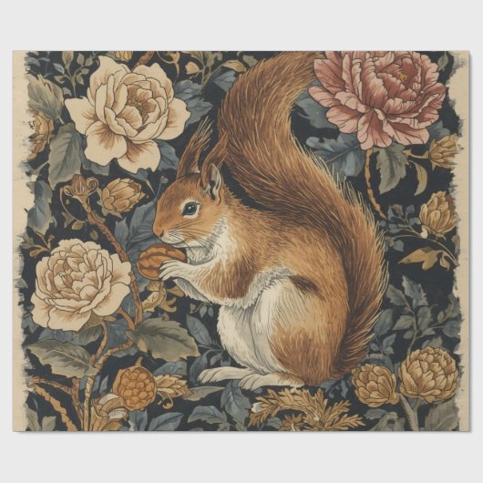 Vintage Squirrel and Flowers Pattern ラッピングペーパー (フラット)