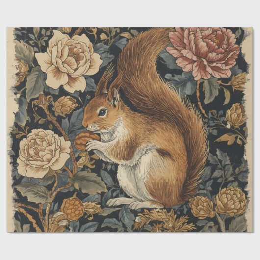 Vintage Squirrel and Flowers Pattern ラッピングペーパー (フラット)