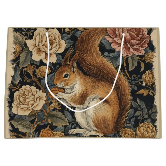 Vintage Squirrel and Flowers Pattern  ラージペーパーバッグ (正面)