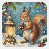 Vintage Squirrel with Christmas Lantern Winter スクエアシール (正面)