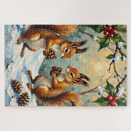 Vintage Squirrels Gathering Pinecones Christmas ジグソーパズル (横)