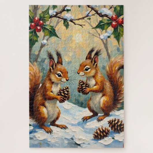 Vintage Squirrels Gathering Pinecones Christmas ジグソーパズル (縦)