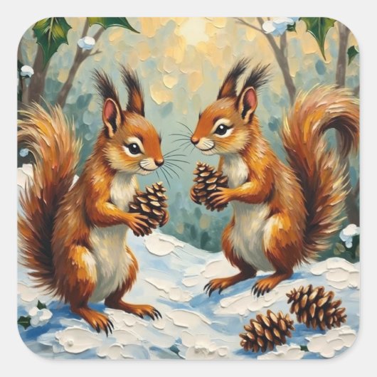 Vintage Squirrels Gathering Pinecones Christmas スクエアシール (正面)