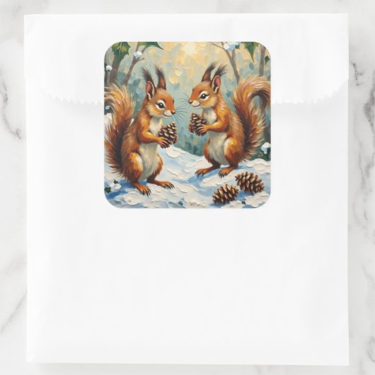 Vintage Squirrels Gathering Pinecones Christmas スクエアシール (バッグ)