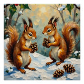 Vintage Squirrels Gathering Pinecones Christmas ポスター (正面)
