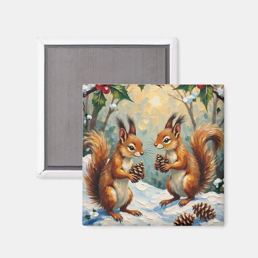 Vintage Squirrels Gathering Pinecones Christmas マグネット (正面/裏面)