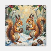 Vintage Squirrels Gathering Pinecones Christmas マグネット (正面)