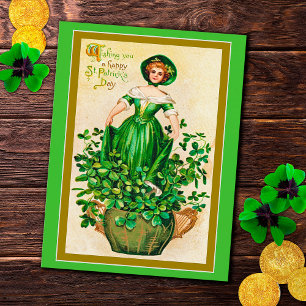 Vintage St Patrick's Day Girl Green Dress Clovers シーズンポストカード