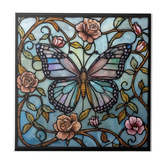 vintage stain glass blue butterfly art  タイル (正面)