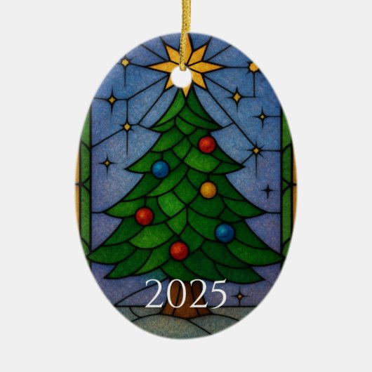 Vintage Stained Glass Christmas Tree Artwork  セラミックオーナメント (正面)