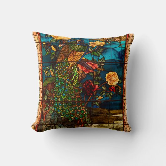 Vintage Stained Glass with Peacocks and Flowers クッション (正面)