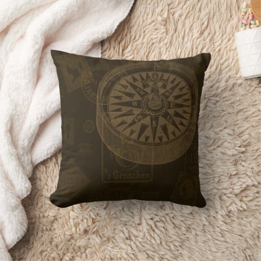 Vintage Stamps & Compass Pillow クッション (ブランケット)