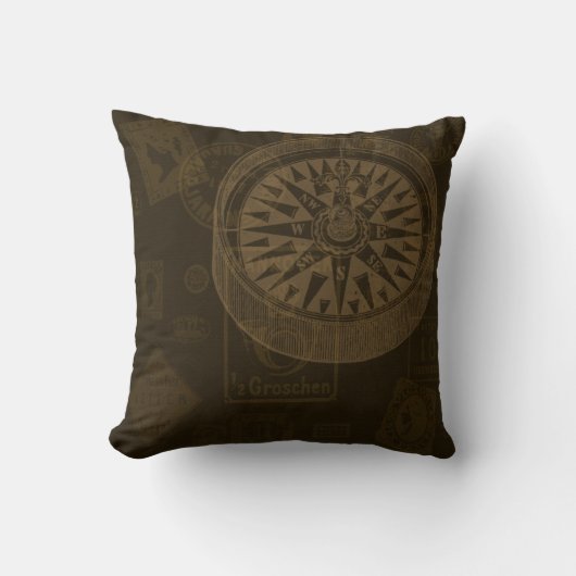 Vintage Stamps & Compass Pillow クッション (正面)