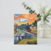 Vintage Steam Engine crossing Bridge painting ポストカード (スタンド正面)